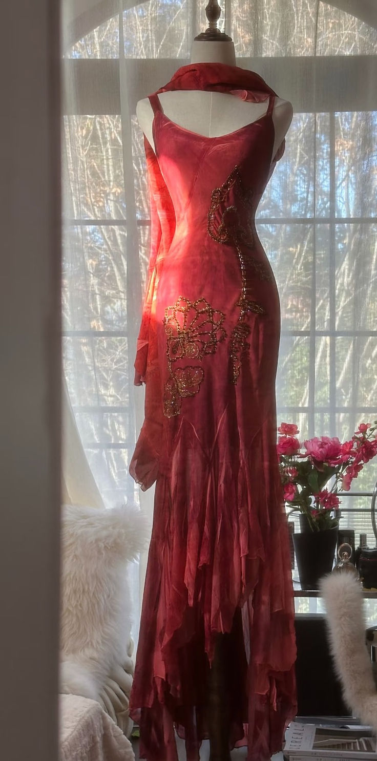 Sexy Mermaid Spaghetti Straps Ruffle Beaded Red Chiffon Evening Dress Party Dress SH2683