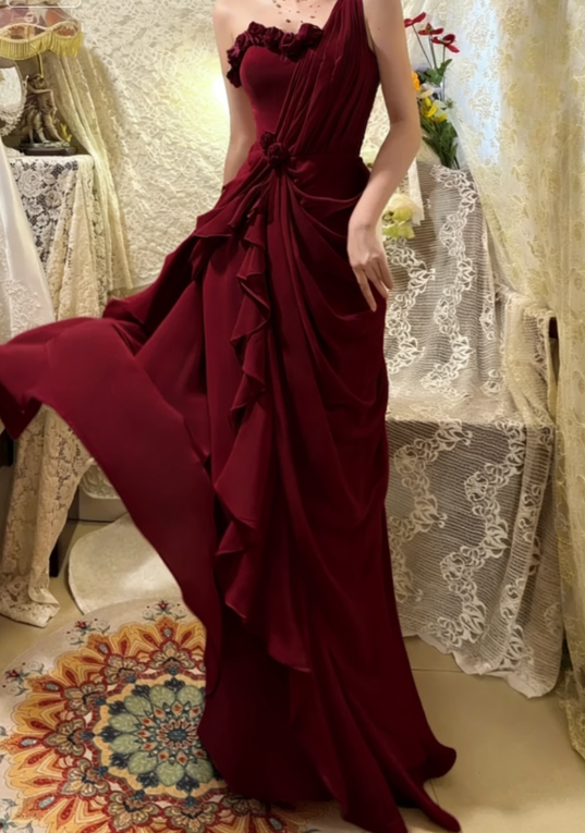 Gentle Pink One Shoulder Floral Pleated Chiffon Long Prom Dresses 16th Birthday Dresses SH4637