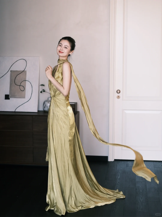 Simple Olive Green A Line V Neck Pleated Satin Prom Dress Party Dresses SH4587