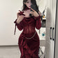 Burgundy Rose Mermaid Spagehtti Strap Lace Satin Prom Dress Party Dress SH5023