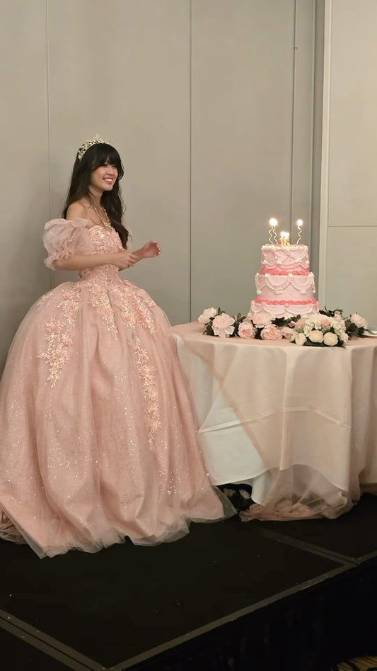 Princess Pink Ball Gown Puff Appliques Sequin Tulle 18th Birthday Dress Prom Dress SH3843