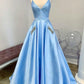 A Line V Neck Blue Satin Long Prom Dresses With Pocket SH1584