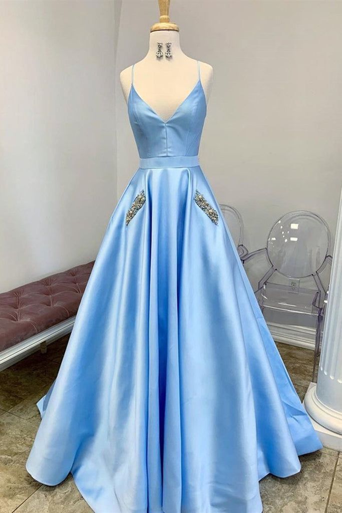 A Line V Neck Blue Satin Long Prom Dresses With Pocket SH1584