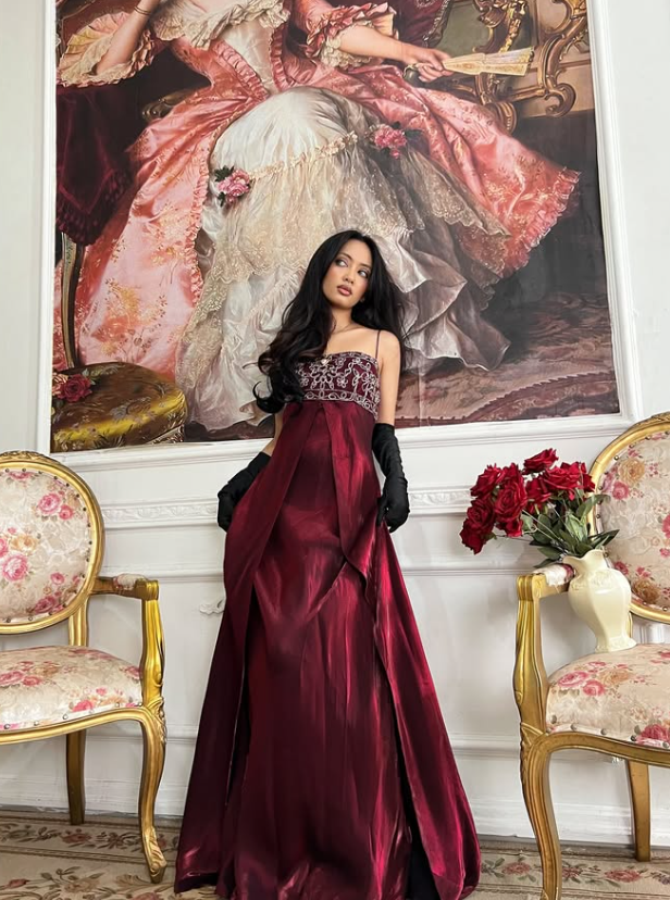 Burgundy Vintage A Line Exquisite Beaded Satin Long Prom Dress Wedding Guest Dress SH5386