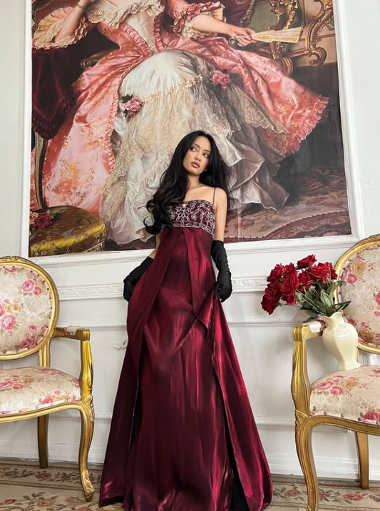 Burgundy Vintage A Line Exquisite Beaded Satin Long Prom Dress Wedding Guest Dress SH5386