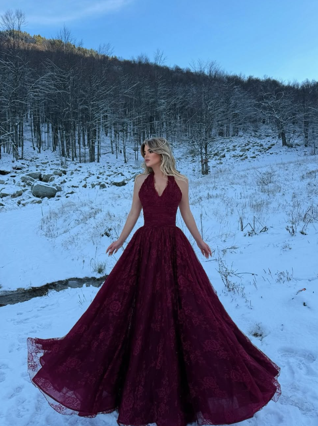 Dark Burgundy A Line V Neck Lace Long Prom Dress Evening Dress SH6056