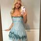 Sparkly Blue Strapless Sequin Homecoming Dress Spaghetti Straps Cocktail Dress Birthday Outfits SH3502