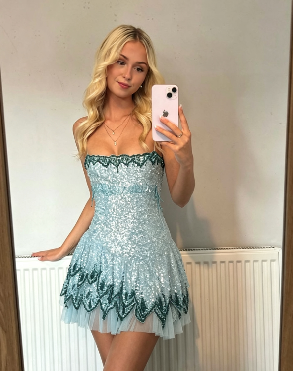 Sparkly Blue Strapless Sequin Homecoming Dress Spaghetti Straps Cocktail Dress Birthday Outfits SH3502