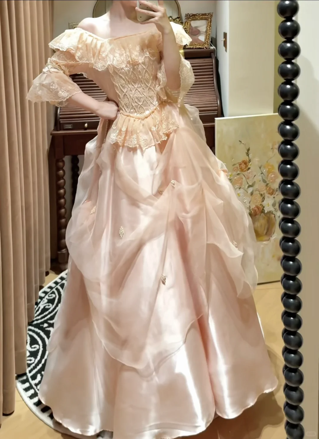 Stunning Light Pink A Line Long Sleeve Lace Organza Prom Dress SH5653