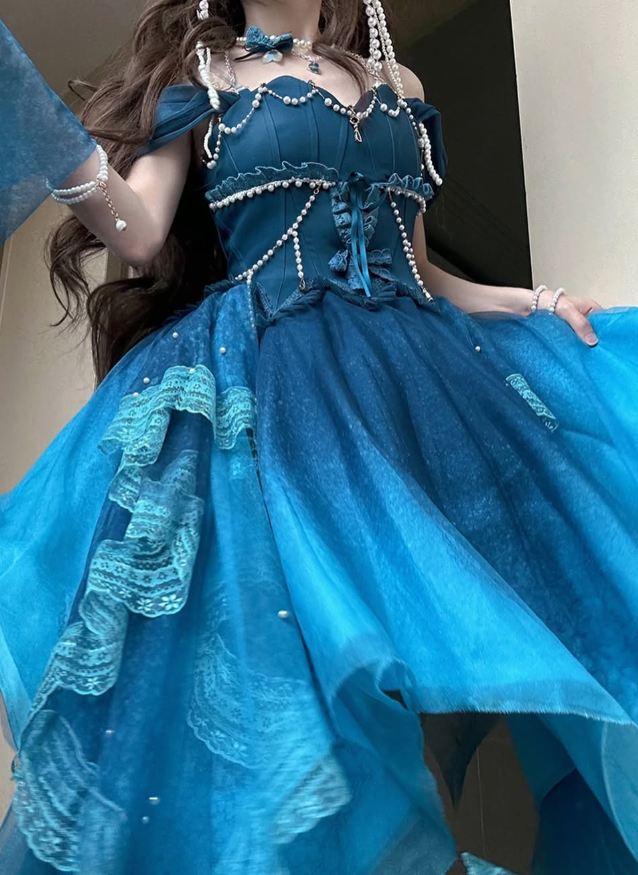 Dreamy Blue Ball Gown Off the Shoulder Chiffon Satin Short Prom Dress Homecoming Dress SH6444