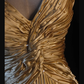 Vintage Gold A Line Spaghetti Straps Pleated Beaded Satin Prom Dress Graduation Prom Dress SH5188