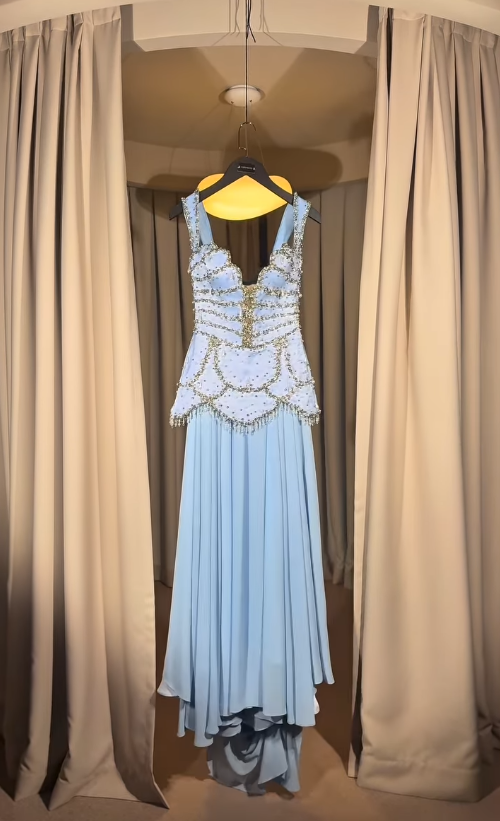 Luxurious Exquisite Diamond A Line Straps Blue Chiffon Prom Dress Evening Dress SH6756