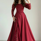 Elegant Burgundy A Line Long Sleeve Lace Satin Prom Dress Wedding Guest Dress SH6012