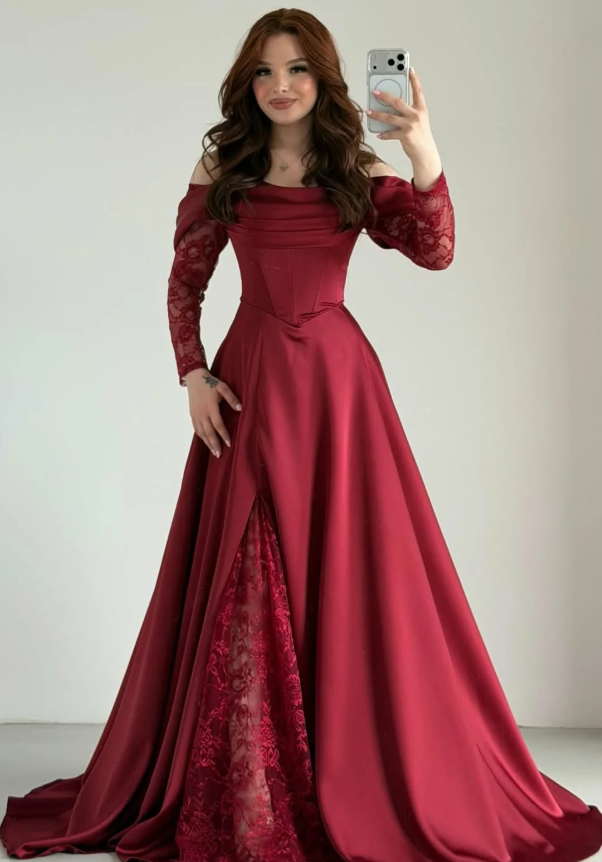 Elegant Burgundy A Line Long Sleeve Lace Satin Prom Dress Wedding Guest Dress SH6012