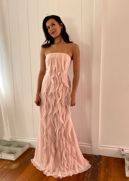 Pink Sheath Strapless Ruffle Chiffon Prom Dress Vacation Dress SH6262