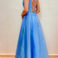 Vintage A Line Spaghetti Strap Beaded Blue Tulle Satin Prom Dress Evening Dress SH2115