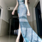 Shiny Blue Mermaid Straps Beaded Sequin Graduation Ball Gown 18th Birthday Dress SH4988