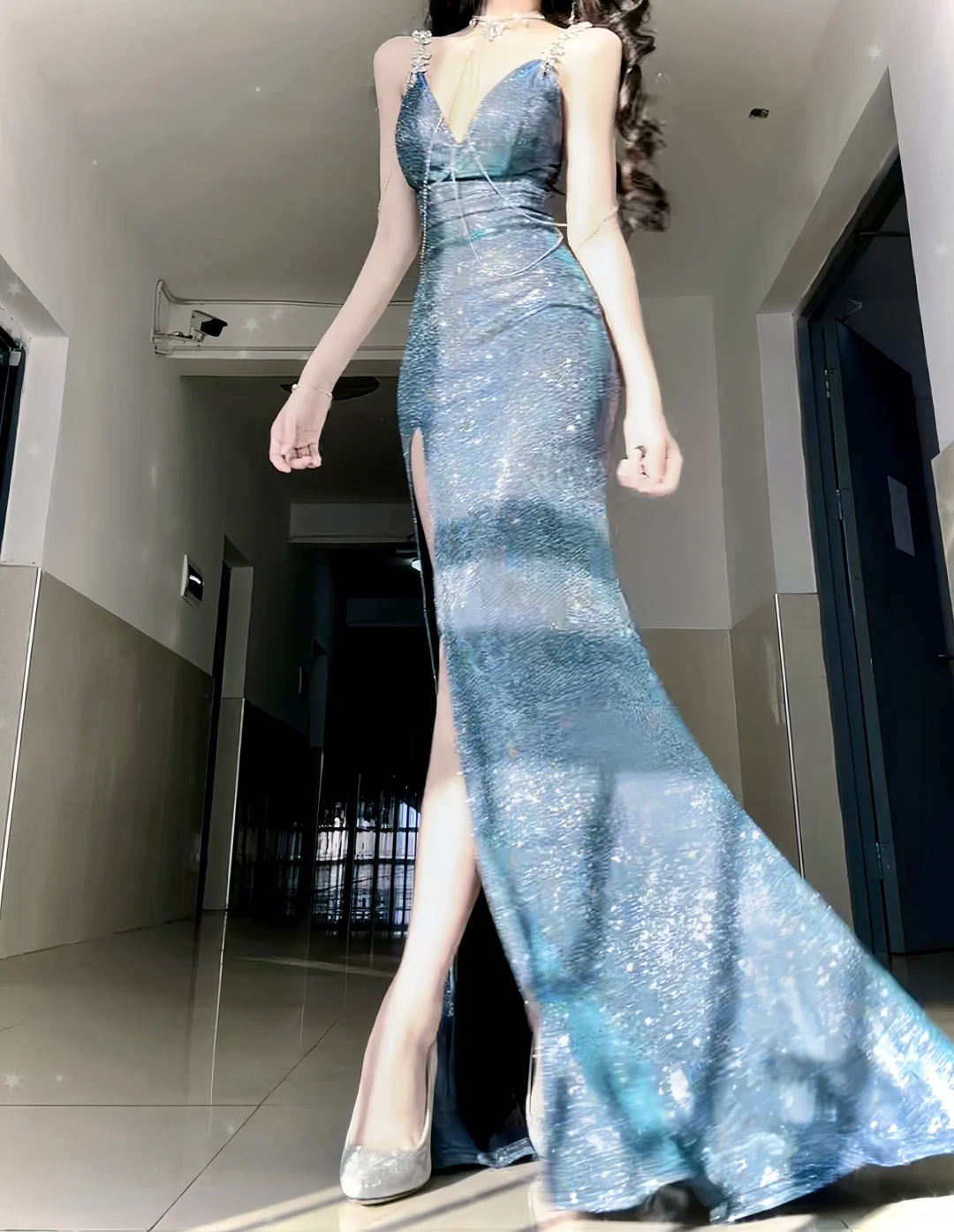 Shiny Blue Mermaid Straps Beaded Sequin Graduation Ball Gown 18th Birthday Dress SH4988