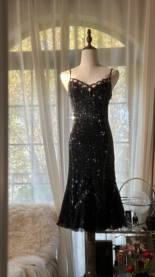 Stunning Mermaid Spaghetti Strap Beaded Black Chiffon Short Homecoming Dress Cocktail Dress SH2962