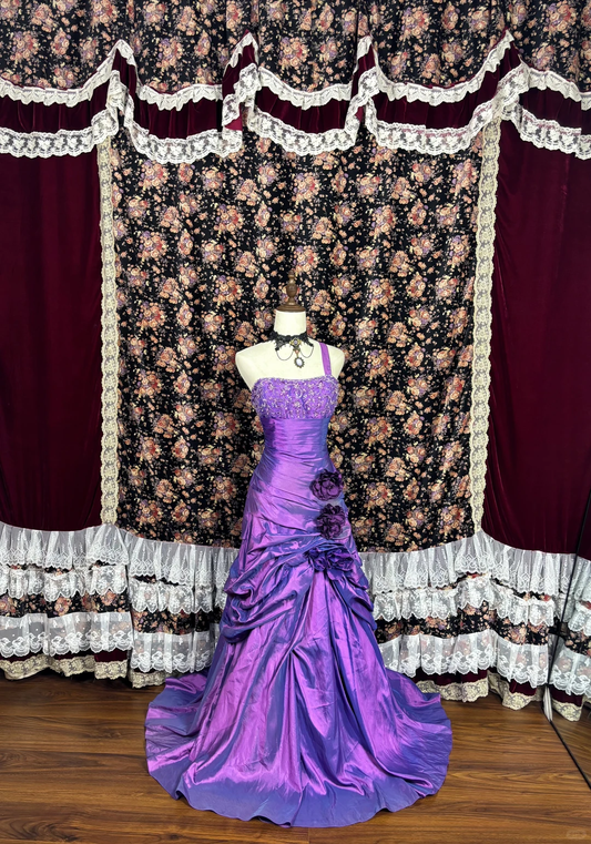 Vintage Purple Floral Beaded Pleated Satin Prom Dress Party Evening Dress SH5696