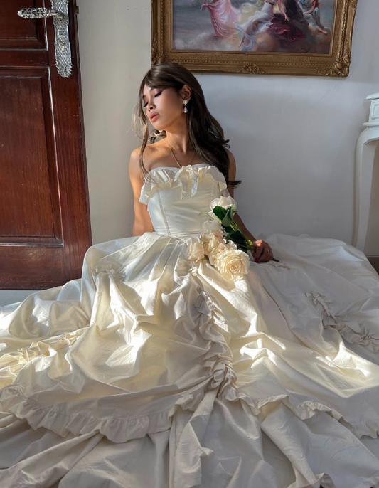 Ivory Vintage Ball Gown Strapless Ruffle Satin Long Prom Dress SH5383