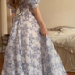 Blue Chiffon Floral Off The Shoulder Prom Dress Slit Evening Gown SH1376