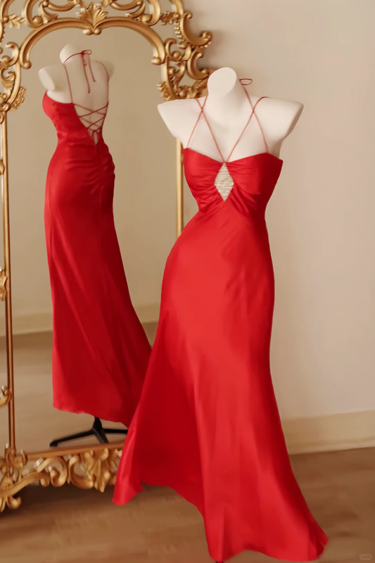 Vintage Mermaid Spaghetti Straps Beaded Satin Open Back Prom Dress SH5120