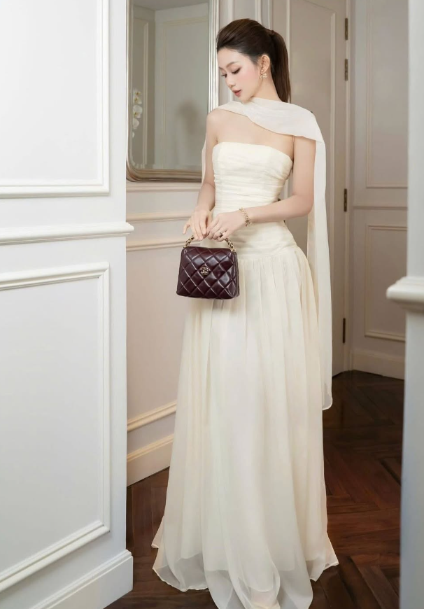 Simple Light Apricot A Line Strapless Chiffon Long Prom Dress Date Dress SH4676