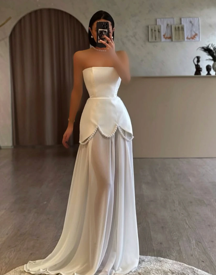 Beautiful White A Line Strapless Pearl Chiffon Satin Long Prom Dress Evening Dress SH7319