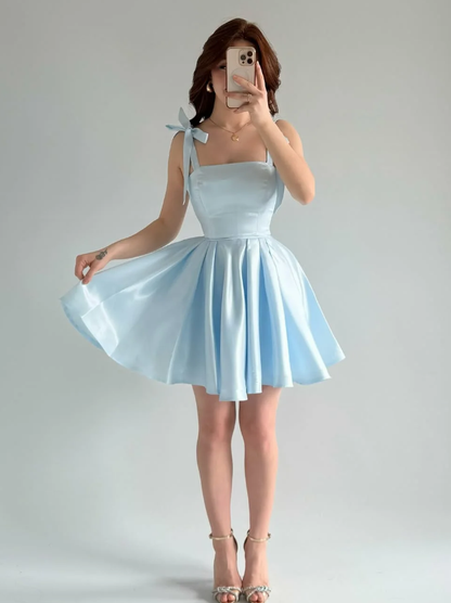 Baby Blue A Line Bow Straps Satin Short Prom Dress Homecoming Dress SH6009