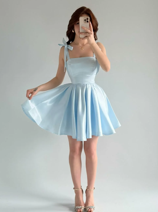 Baby Blue A Line Bow Straps Satin Short Prom Dress Homecoming Dress SH6009