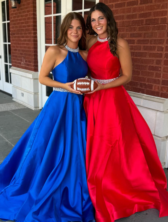 Red Ball Gown Halter Beaded Satin Long Prom Dress Evening Dress SH6584