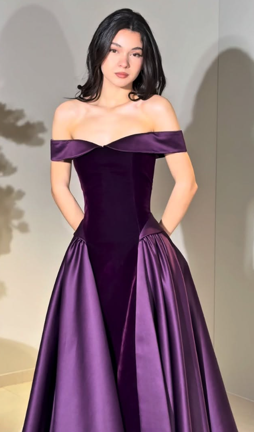 Elegant Purple A Line Off the Shoulder Velvet Satin Long Prom Dress Evening Dress SH6746