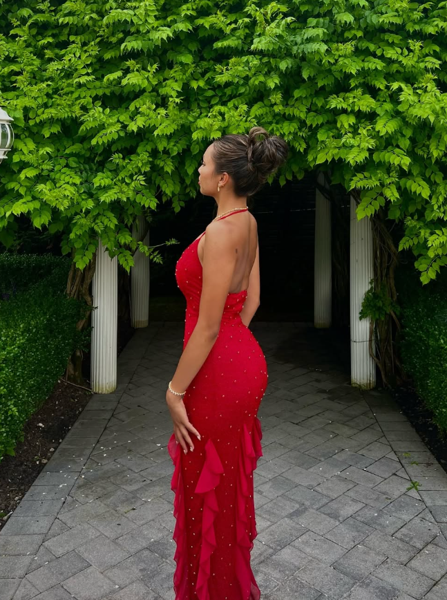 Red Exquisite Beaded Ruffle Flowy Chiffon Formal Party Dress Prom Dress Date Dress SH3532