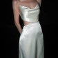 White Pearl A Line Spaghetti Strap Satin Long Wedding Dress SH5977