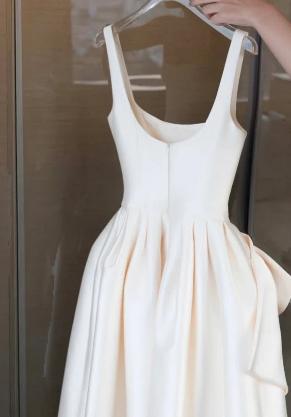 Elegant A Line Strap Exquisite Bow Knot White Satin Prom Dress Evening Dress SH8774