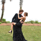 Spaghetti Straps V Neck Black Sequin Evening Dress Slit Backless Prom Dress SH1088