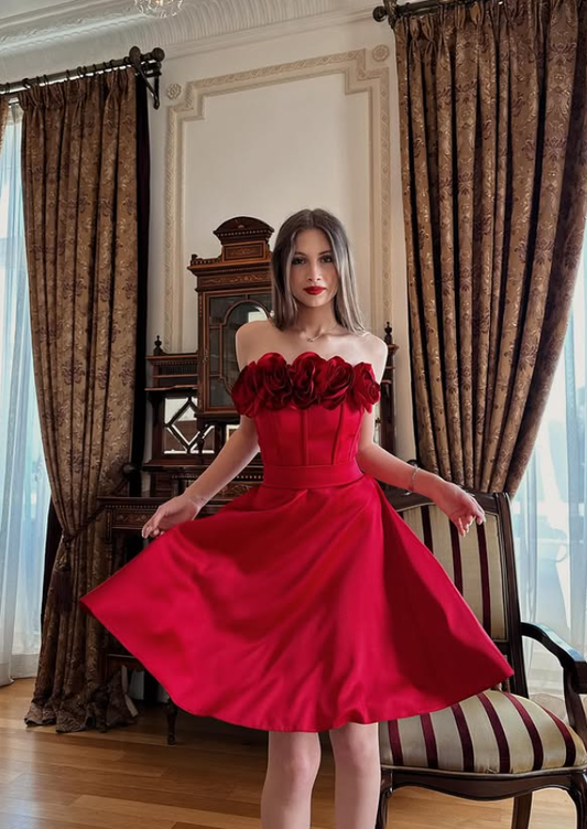 Red A Line Strapless Floral Satin Short Homecoming Dress Party Dress SH4839