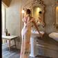 Light Pink Mermaid V Neck Print Floral Ruffle Chiffon Summer Dress Party Dress Outfits with Slit SH4174