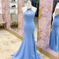 Sweety Light Blue Mermaid Pearl Satin Long Prom Dress Evening DressSH6822