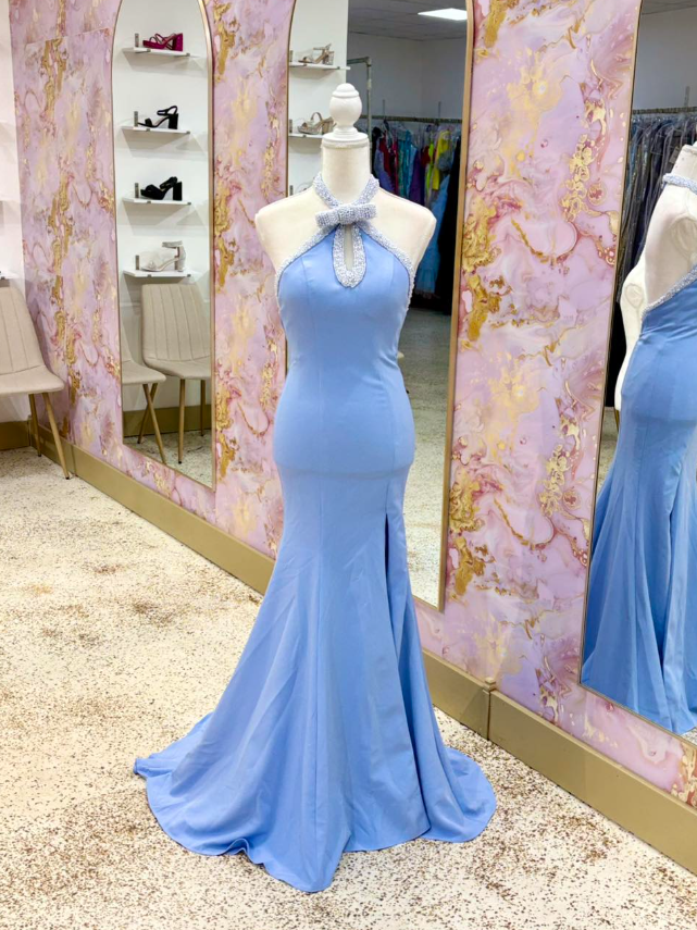Sweety Light Blue Mermaid Pearl Satin Long Prom Dress Evening DressSH6822