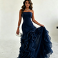 Amazing Dusty Blue Sleeveless Strapless Long Prom Dress with Ruffles SH5461