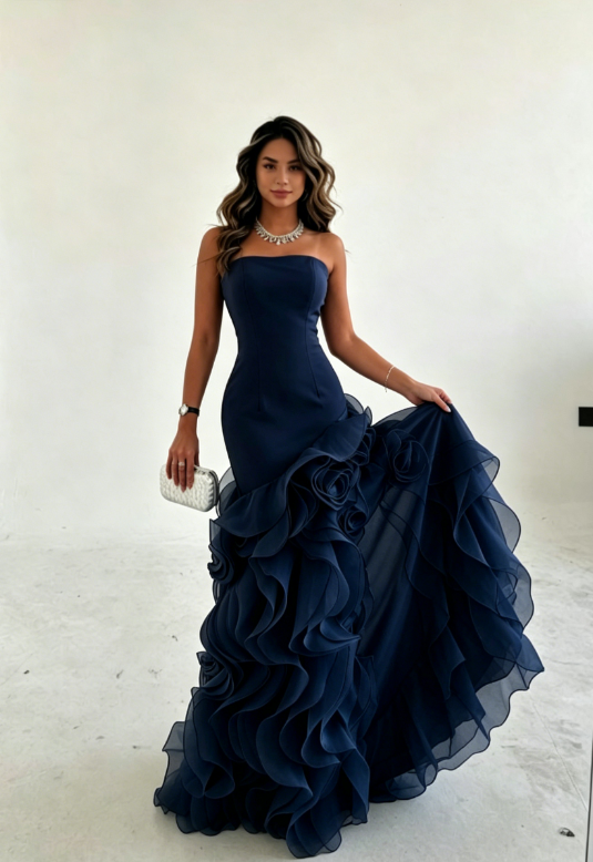 Amazing Dusty Blue Sleeveless Strapless Long Prom Dress with Ruffles SH5461