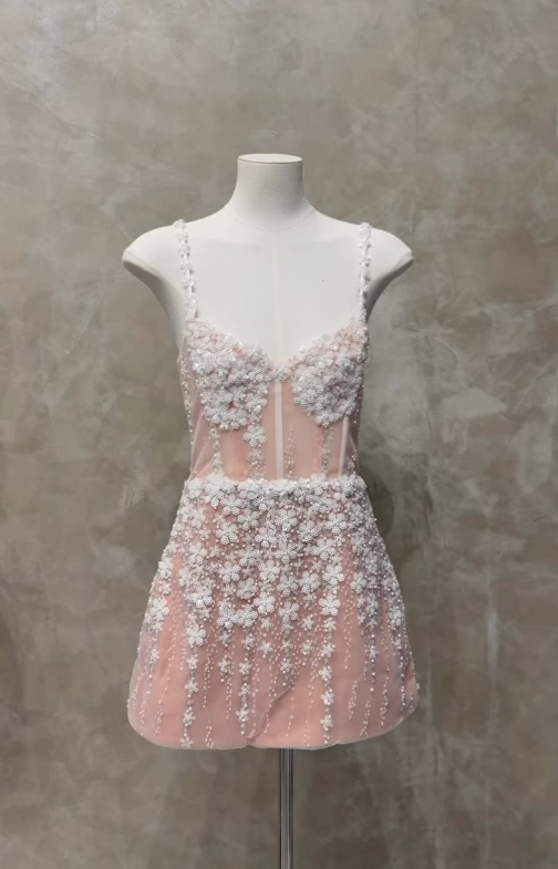 Exquisite White A Line Spaghetti Strap Beaded Sequin Tulle Short Homecoming Dress SH4785