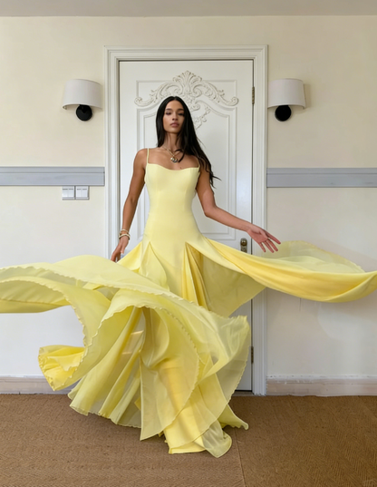 Yellow Simple A Line Spaghetti Straps Satin Chiffon Prom Dress Outfits SH5082