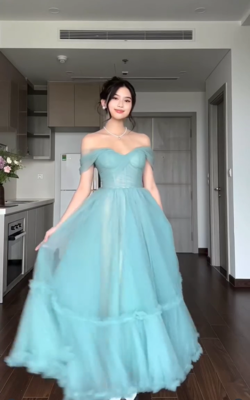 Blue A Line Off the Shoulder Tulle Prom Dress Wedding Guest Dress SH4744