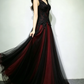 Black and Tulle V-neckline Beaded Lace Long Party Dress, A-line Prom Dress Evening Dresss KS7009