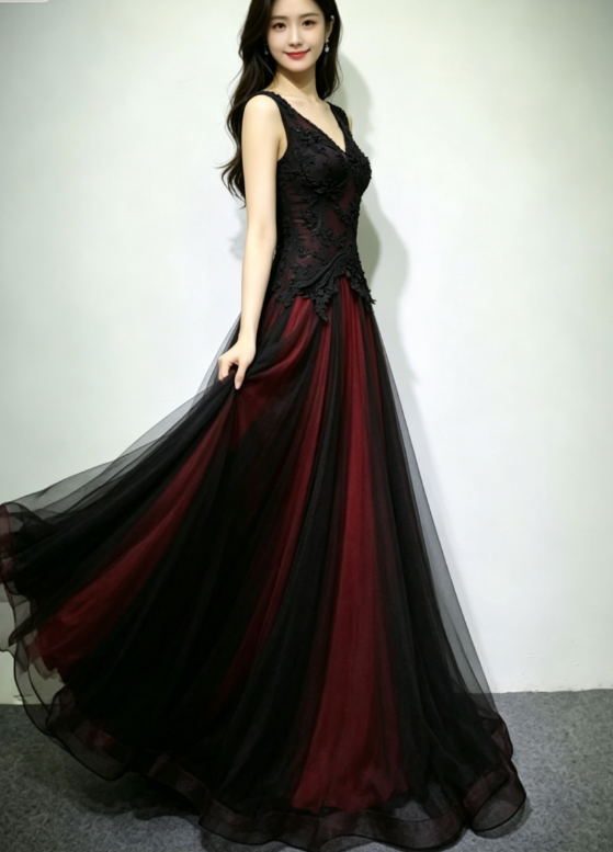 Black and Tulle V-neckline Beaded Lace Long Party Dress, A-line Prom Dress Evening Dresss KS7009