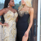 Sexy Sheath Strapless Gold Beaded Black Satin Long Prom Dress Evening Dress SH6825