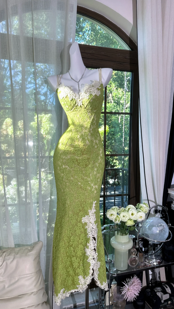 Sexy Satin Green Deep V-neck Spaghetti Strap Side Slit Mermaid Wedding Guest Dress Prom Dress